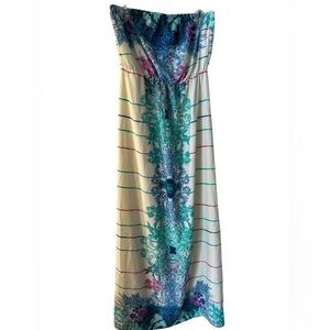Pink Owl strapless elastic waist blue pink pattern maxi dress